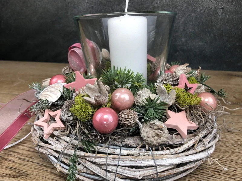 Adventsgesteck 20cm mit Windlicht und Stern – kleines Weihnachtsgesteck