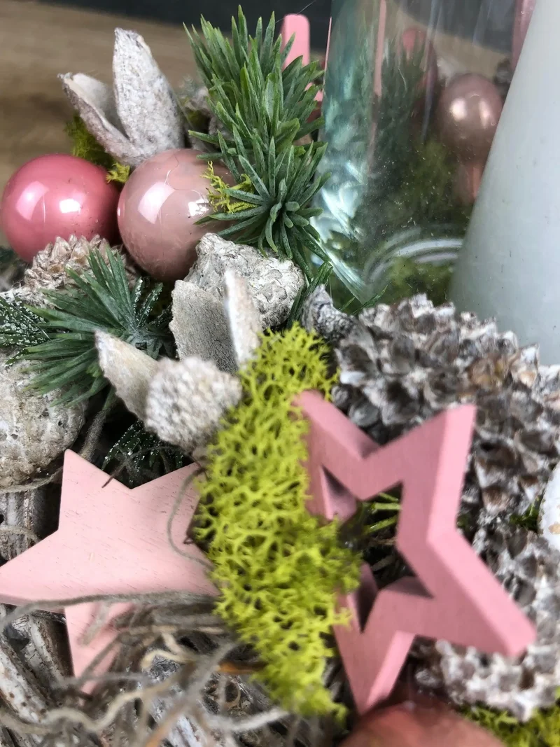 Adventsgesteck 20cm mit Windlicht und Stern – kleines Weihnachtsgesteck