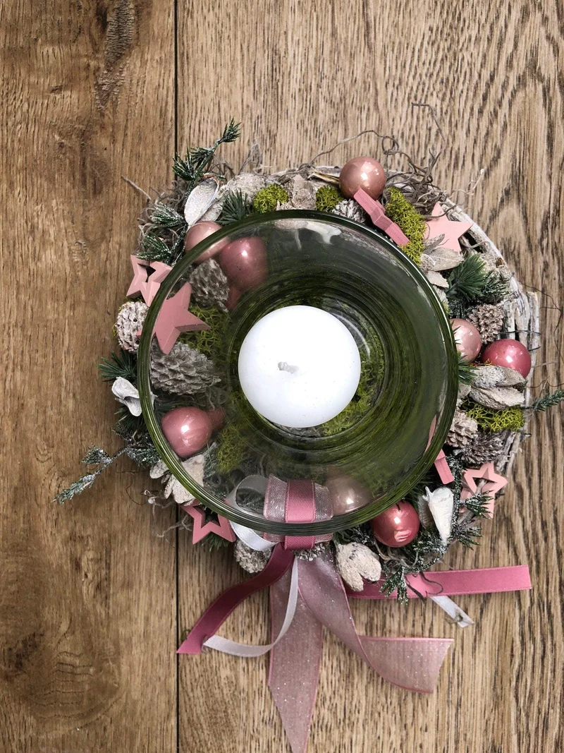 Adventsgesteck 20cm mit Windlicht und Stern – kleines Weihnachtsgesteck