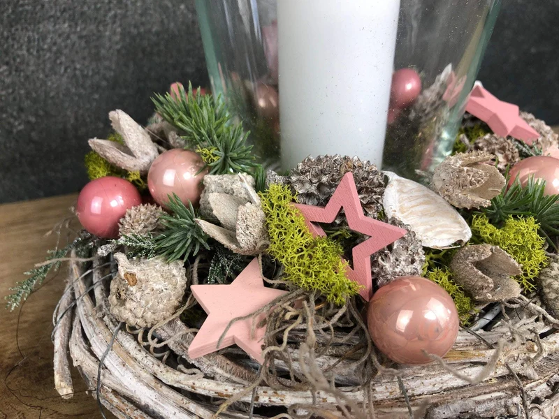Adventsgesteck 20cm mit Windlicht und Stern – kleines Weihnachtsgesteck