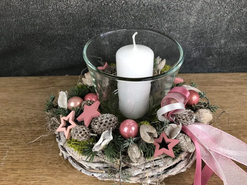 Adventsgesteck 20cm mit Windlicht und Stern – kleines Weihnachtsgesteck