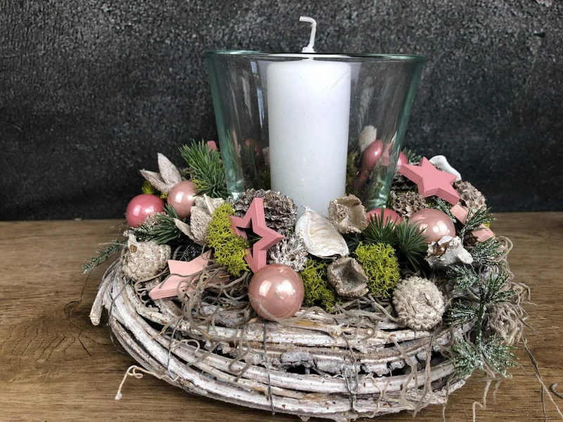Adventsgesteck 20cm mit Windlicht und Stern – kleines Weihnachtsgesteck