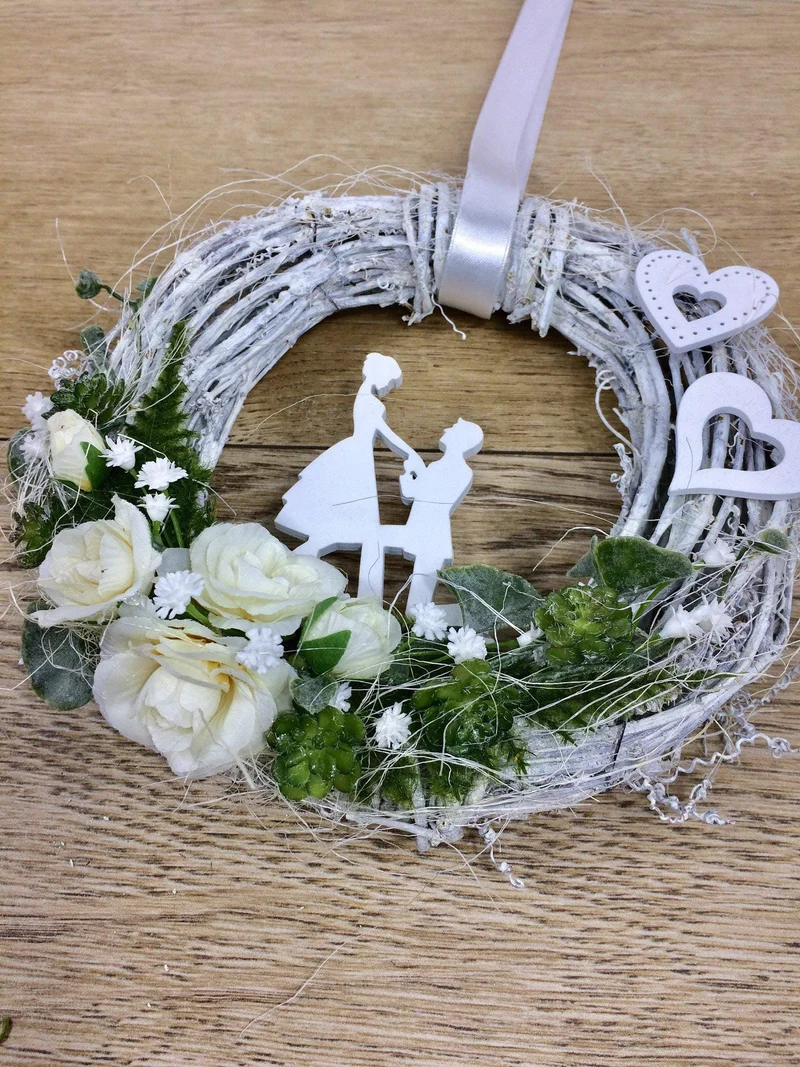Türkranz Hochzeit mit Rosen & Schleierkraut 20cm – Haustürdeko romantisc