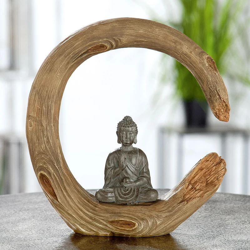 GILDE Figur Buddha im Deko-Holzring 22cm – Meditierende Skulptur in Natur-Optik