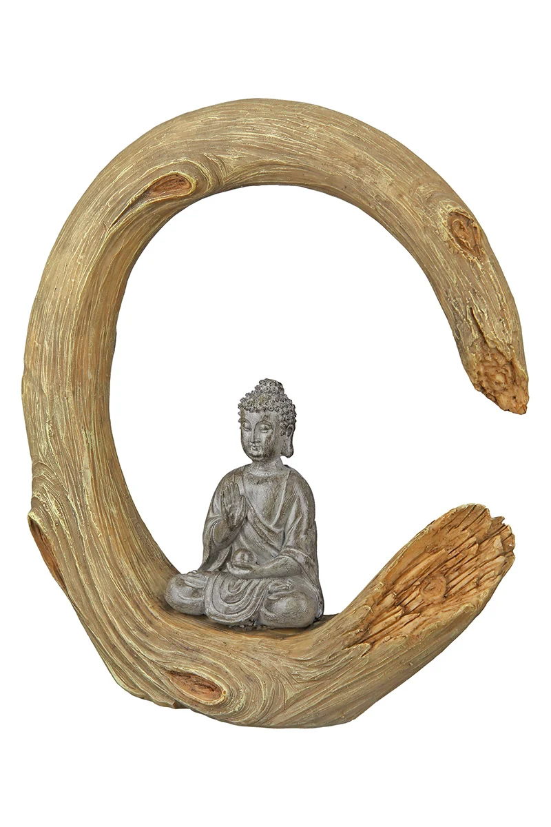 GILDE Figur Buddha im Deko-Holzring 22cm – Meditierende Skulptur in Natur-Optik