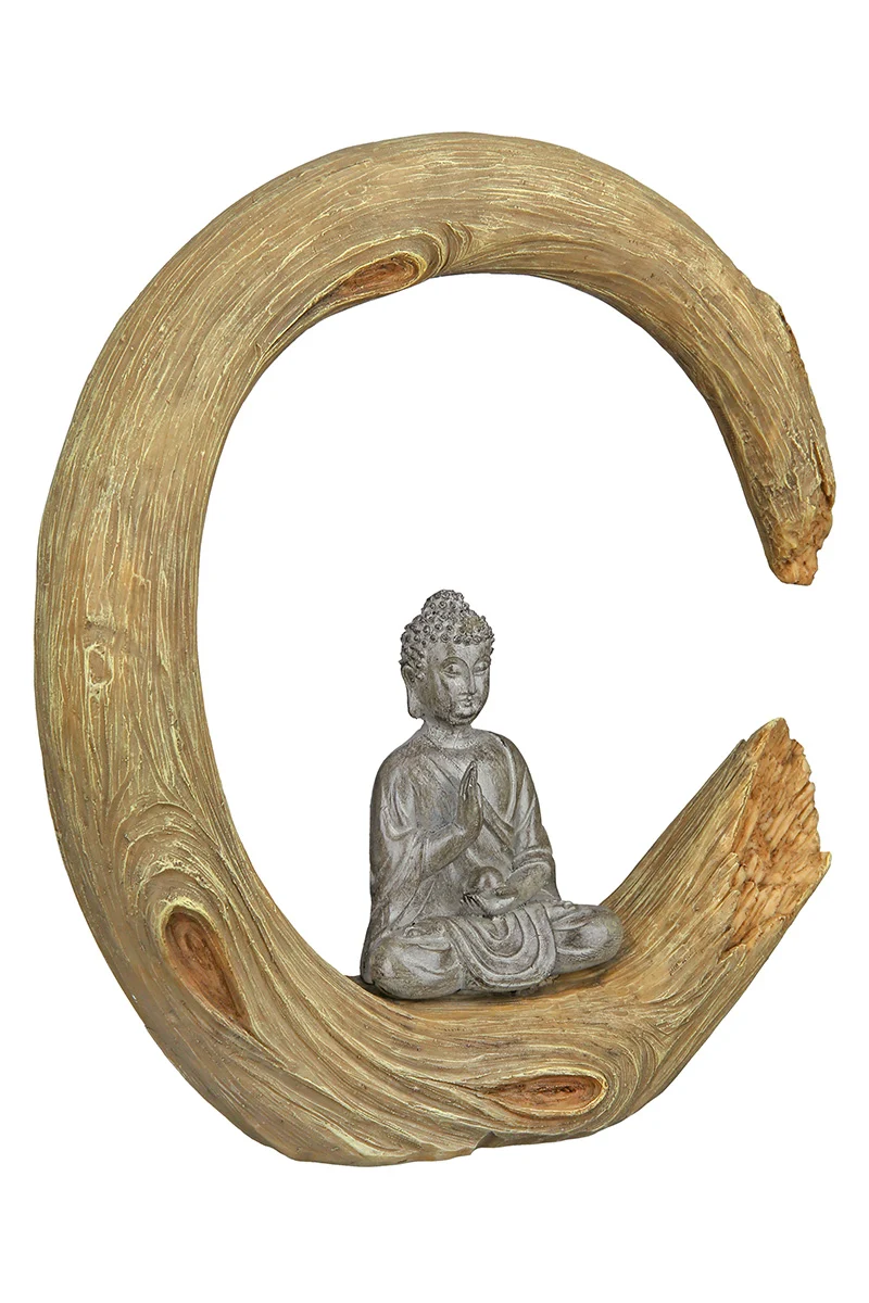 GILDE Figur Buddha im Deko-Holzring 22cm – Meditierende Skulptur in Natur-Optik
