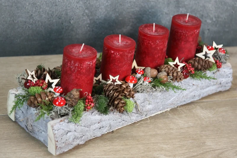 Adventsgesteck länglich Pilze Äpfel – Tablett Advent handgefertigt