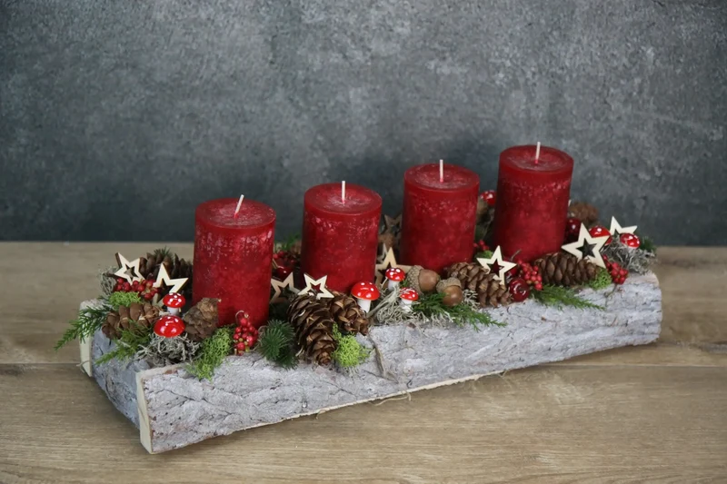 Adventsgesteck länglich Pilze Äpfel – Tablett Advent handgefertigt