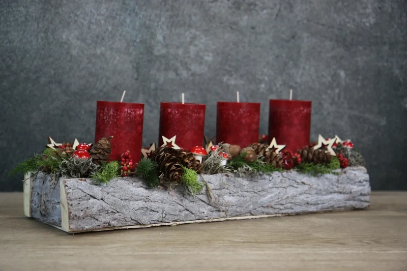 Adventsgesteck länglich Pilze Äpfel – Tablett Advent handgefertigt