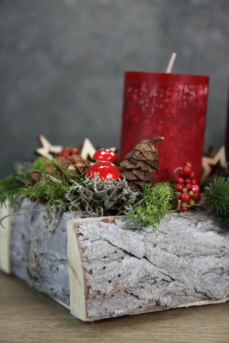 Adventsgesteck länglich Pilze Äpfel – Tablett Advent handgefertigt