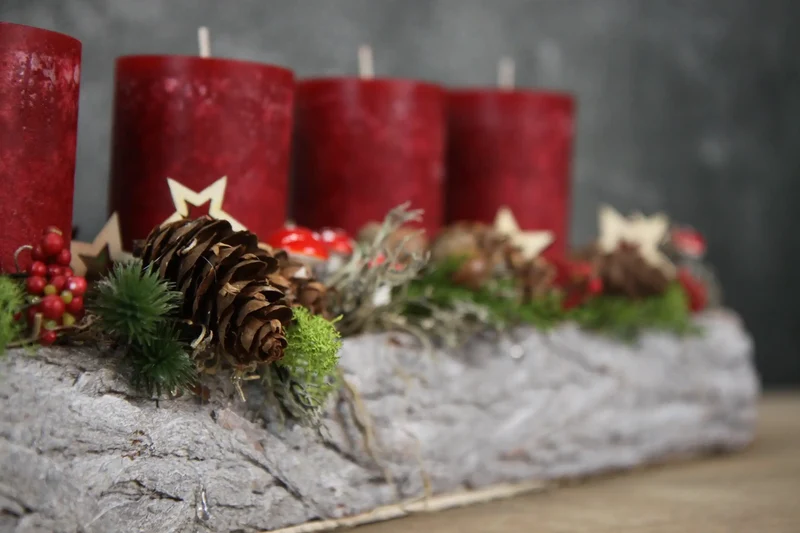 Adventsgesteck länglich Pilze Äpfel – Tablett Advent handgefertigt