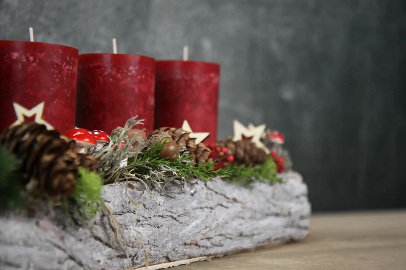 Adventsgesteck länglich Pilze Äpfel – Tablett Advent handgefertigt