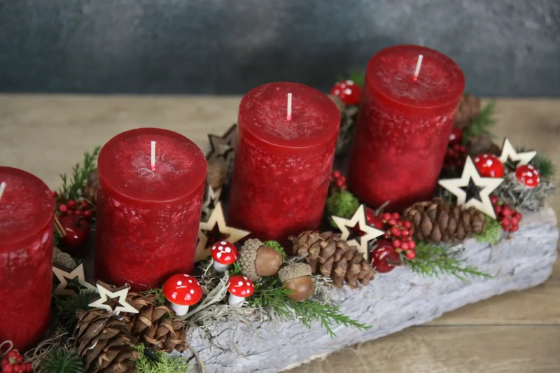 Adventsgesteck länglich Pilze Äpfel – Tablett Advent handgefertigt