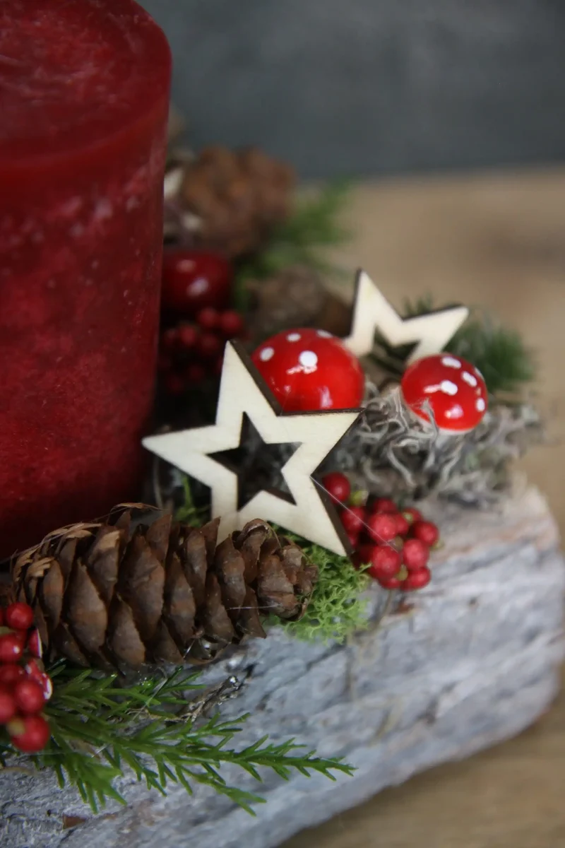 Adventsgesteck länglich Pilze Äpfel – Tablett Advent handgefertigt