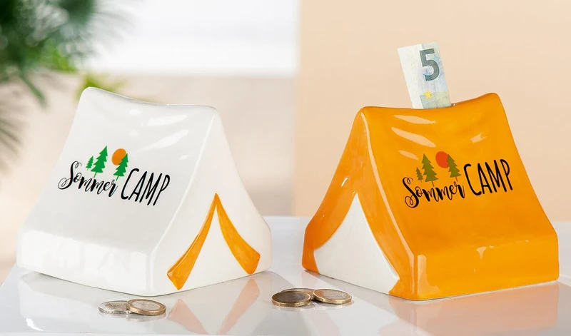 Gilde Porzellan Spardose "Sommer Camping" 2er Set – Mit Schloss & Schlüssel
