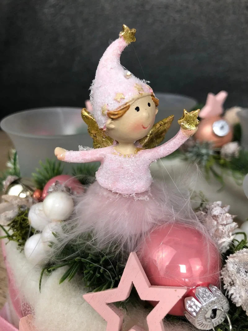 Adventskranz rund Rosa Engel – mit Glitzer Zapfen Stern mehrjährig