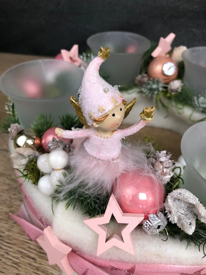 Adventskranz rund Rosa Engel – mit Glitzer Zapfen Stern mehrjährig