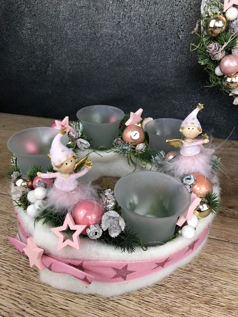 Adventskranz rund Rosa Engel – mit Glitzer Zapfen Stern mehrjährig