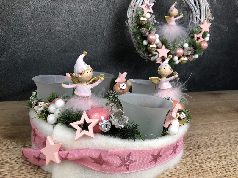 Adventskranz rund Rosa Engel – mit Glitzer Zapfen Stern mehrjährig