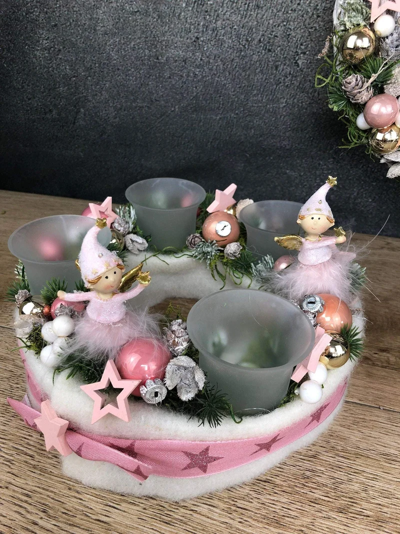 Adventskranz rund Rosa Engel – mit Glitzer Zapfen Stern mehrjährig