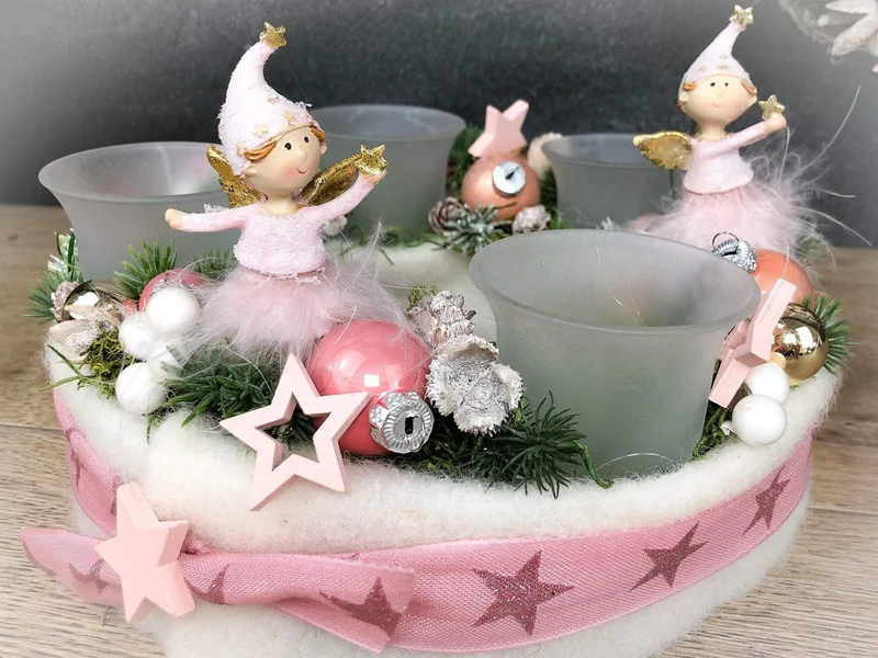 Adventskranz rund Rosa Engel – mit Glitzer Zapfen Stern mehrjährig