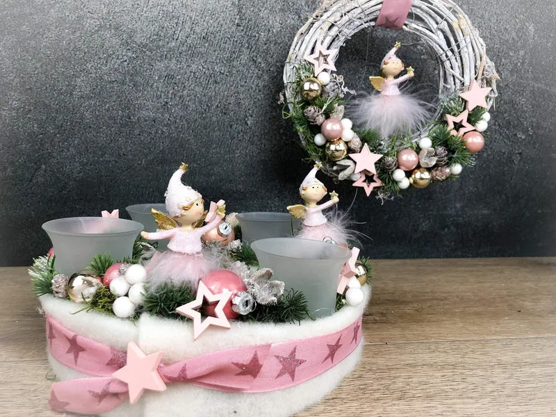 Adventskranz rund Rosa Engel – mit Glitzer Zapfen Stern mehrjährig