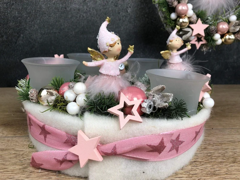 Adventskranz rund Rosa Engel – mit Glitzer Zapfen Stern mehrjährig