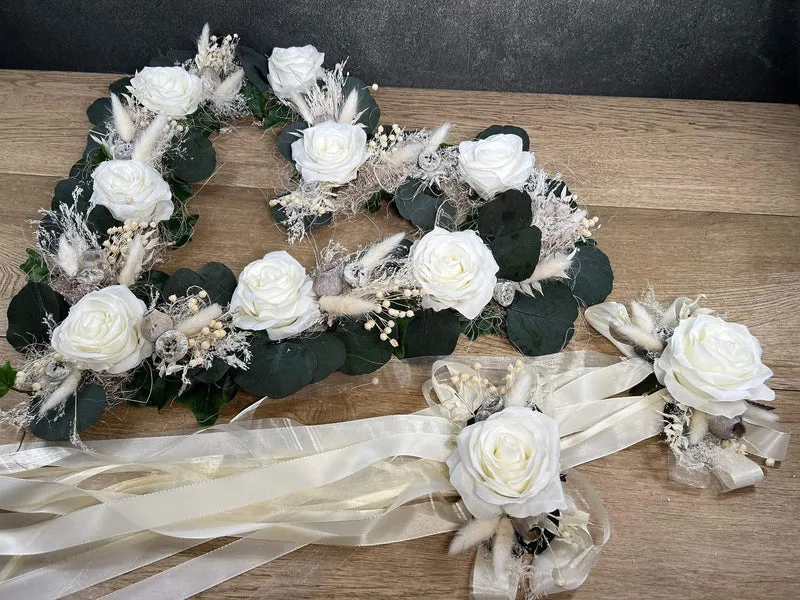 Hochzeit Autoschmuck Set 3-teilig – Seidenblumen Brautauto Schmuck – W
