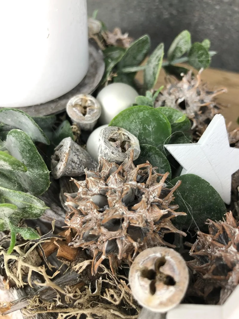Längliches Adventsgesteck mit Eukalyptus – Tablett Zapfen Advent