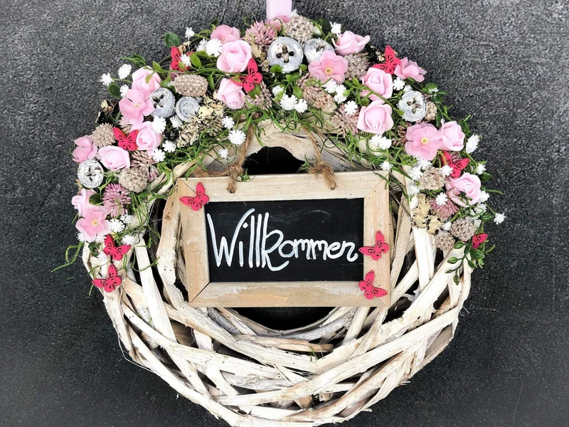 Seidenblumen Welcome Türkranz – handgefertigte Türdeko langlebig – Wun