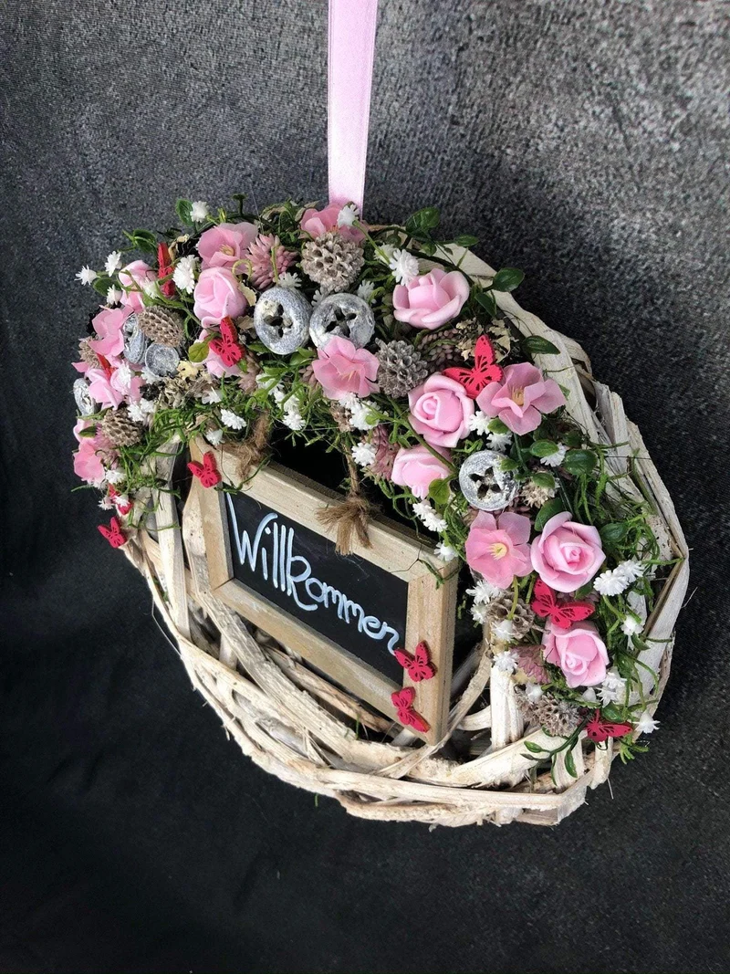Seidenblumen Welcome Türkranz – handgefertigte Türdeko langlebig – Wun