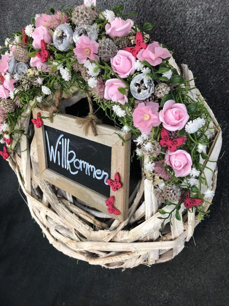 Seidenblumen Welcome Türkranz – handgefertigte Türdeko langlebig – Wun