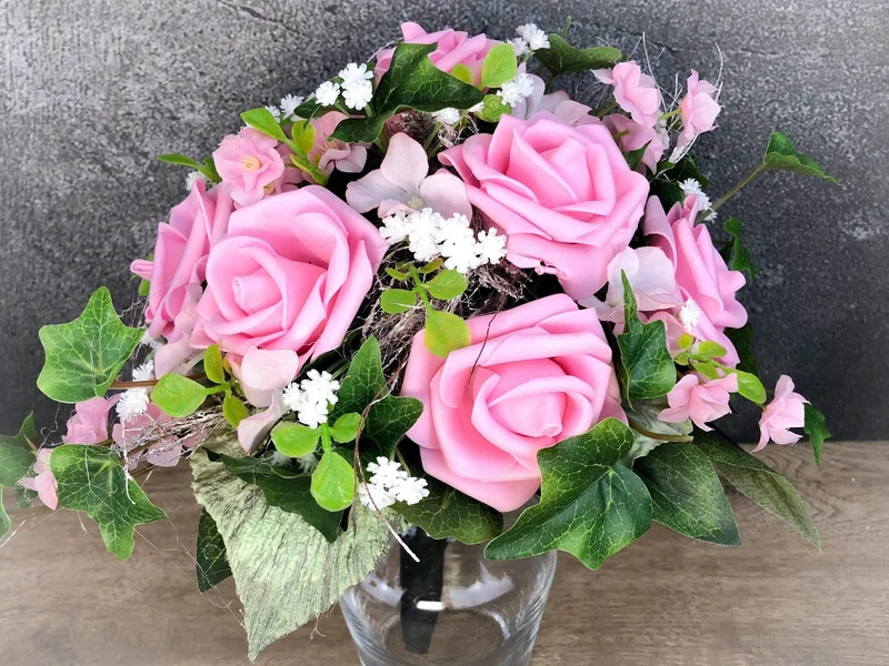 Grabgesteck Rose handgefertigt – Seidenblumen Grabdekoration
