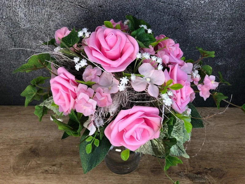 Grabgesteck Rose handgefertigt – Seidenblumen Grabdekoration