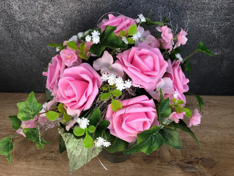 Grabgesteck Rose handgefertigt – Seidenblumen Grabdekoration
