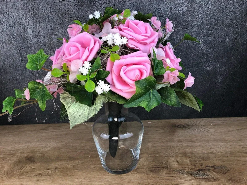 Grabgesteck Rose handgefertigt – Seidenblumen Grabdekoration