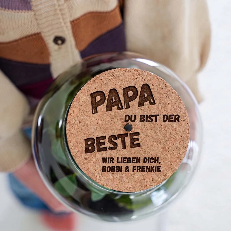 Father's Day terrarium Little Joe + Custom engraved cork with light - Bottle garden DIY kit - Ø 20 cm ↑ 22 cm