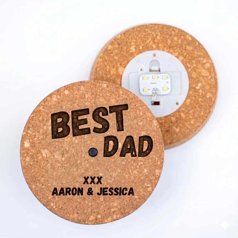 Engraved LED cork lid - 'BEST DAD' - Add custom text - Cork size S (ENGLISH)