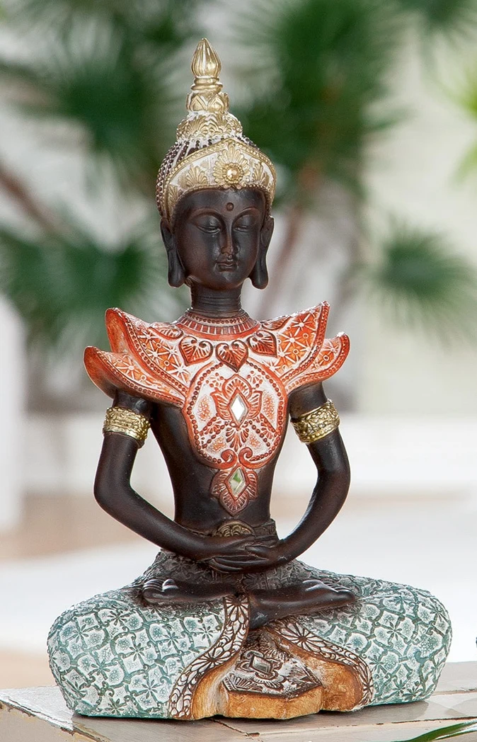 Gilde Buddha „Burma“ – Dekofigur aus Kunststein, 17 cm, Grau-Rot-Braun gewischt