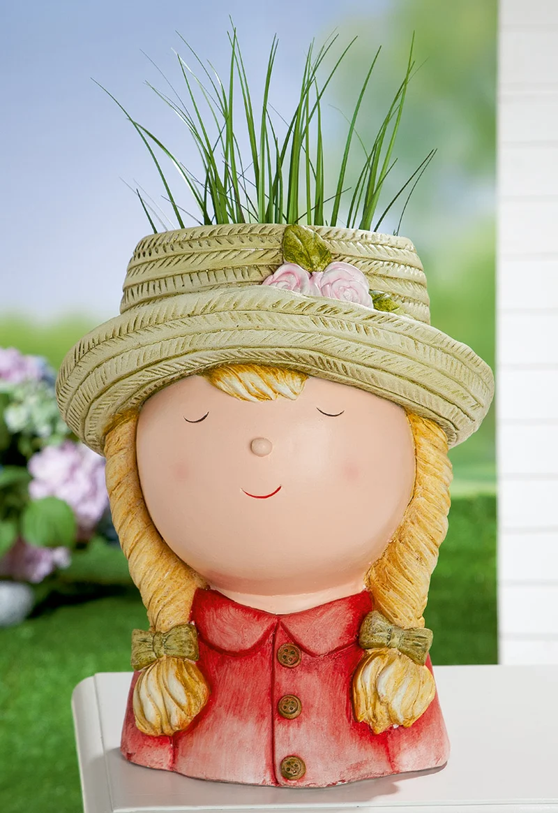 Gilde Pflanztopf Kind „Hannah“ – Dekofigur aus Magnesia, wetterfest, 30 x 30 cm