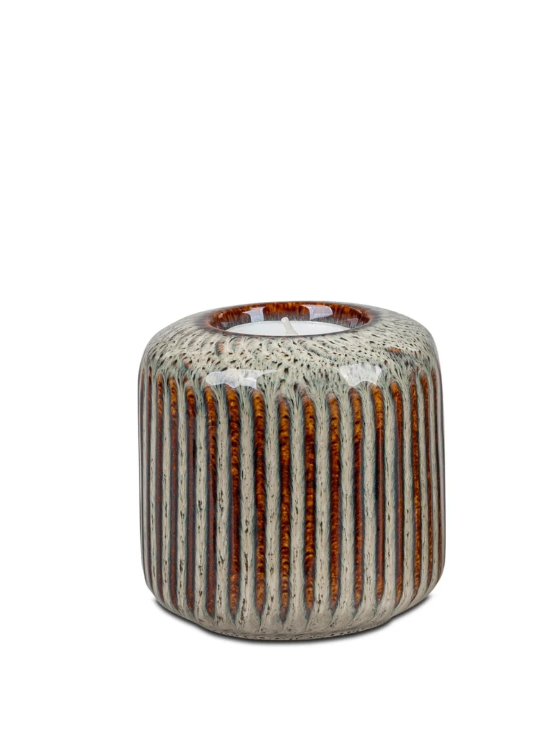 formano Keramik Teelichtleuchter – Reaktions-Glasur Creme-Grau mit Rillen-Relief, Ø 9 cm