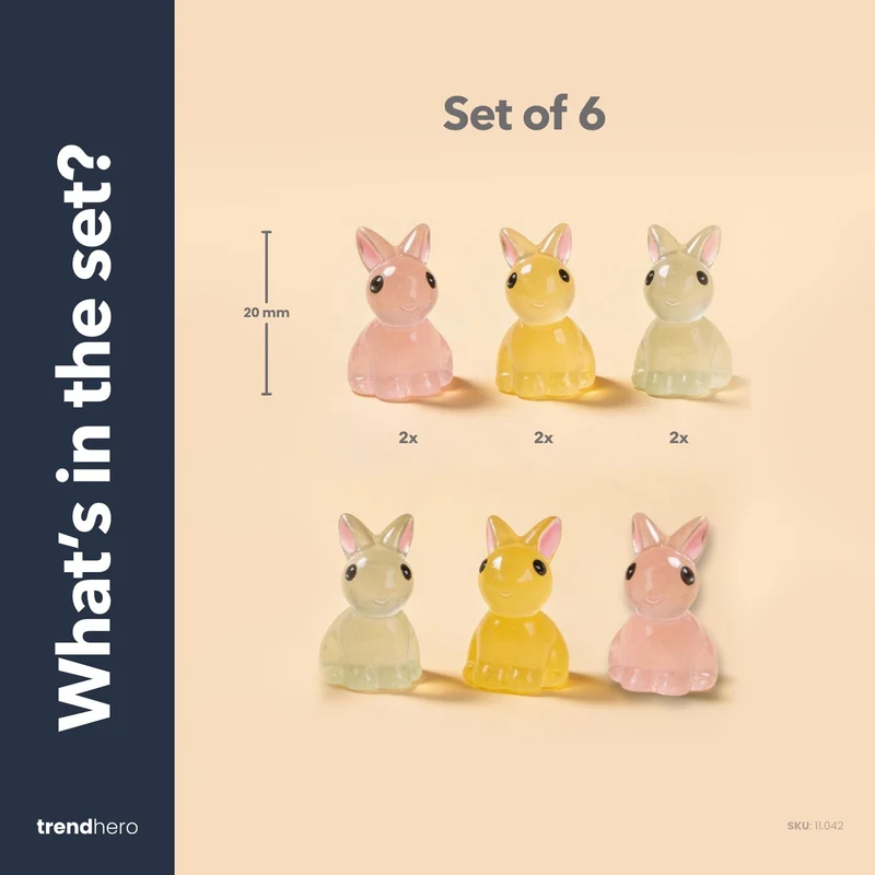 Glow Bunnies - Decorative Mini Rabbits - Easter - Glow in the dark - 6 pcs - ↑ 2 cm