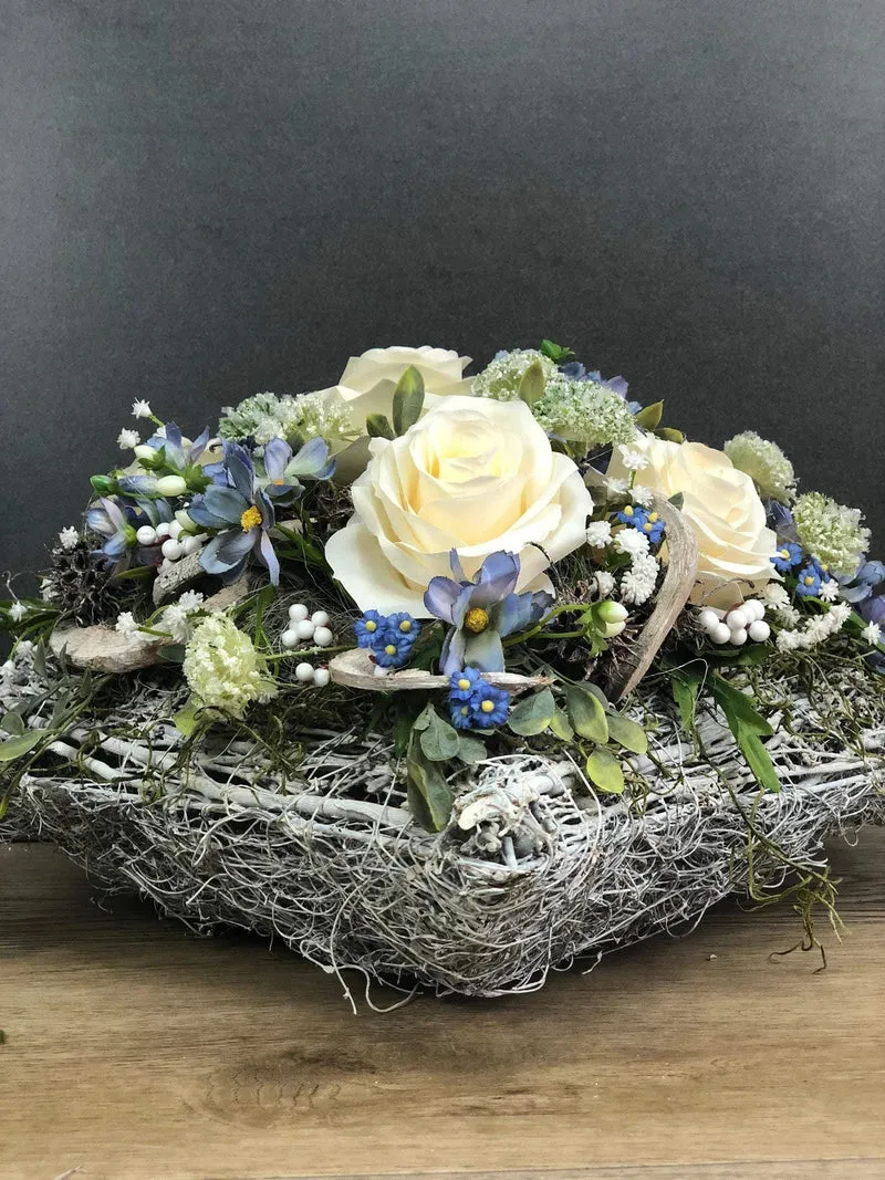 Grabherz Rose mit Wiesenblumen handgefertigt – Seidenblumen Grabdekora