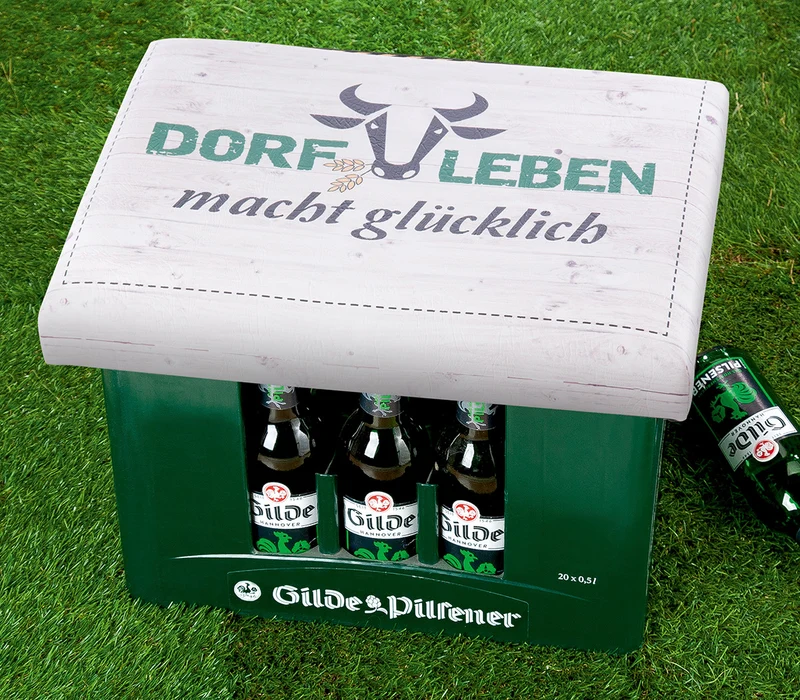 Sitzpolster für Getränkekisten, "Dorfleben macht glücklich"