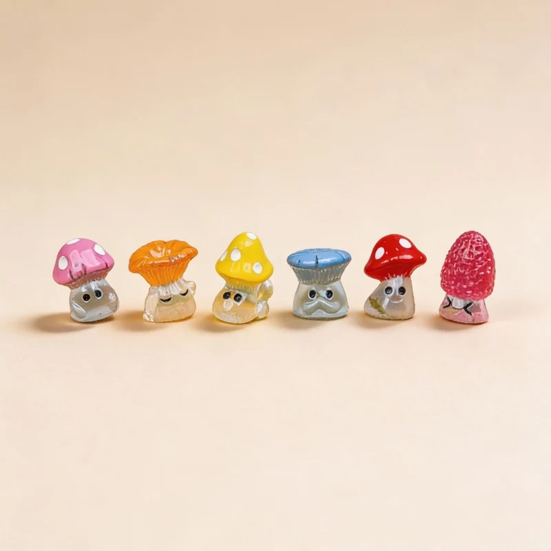Night Mushrooms Set of 6 - Miniature Figurines - 2 cm Tall - Glow-in-the-Dark