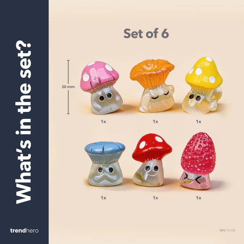 Night Mushrooms Set of 6 - Miniature Figurines - 2 cm Tall - Glow-in-the-Dark