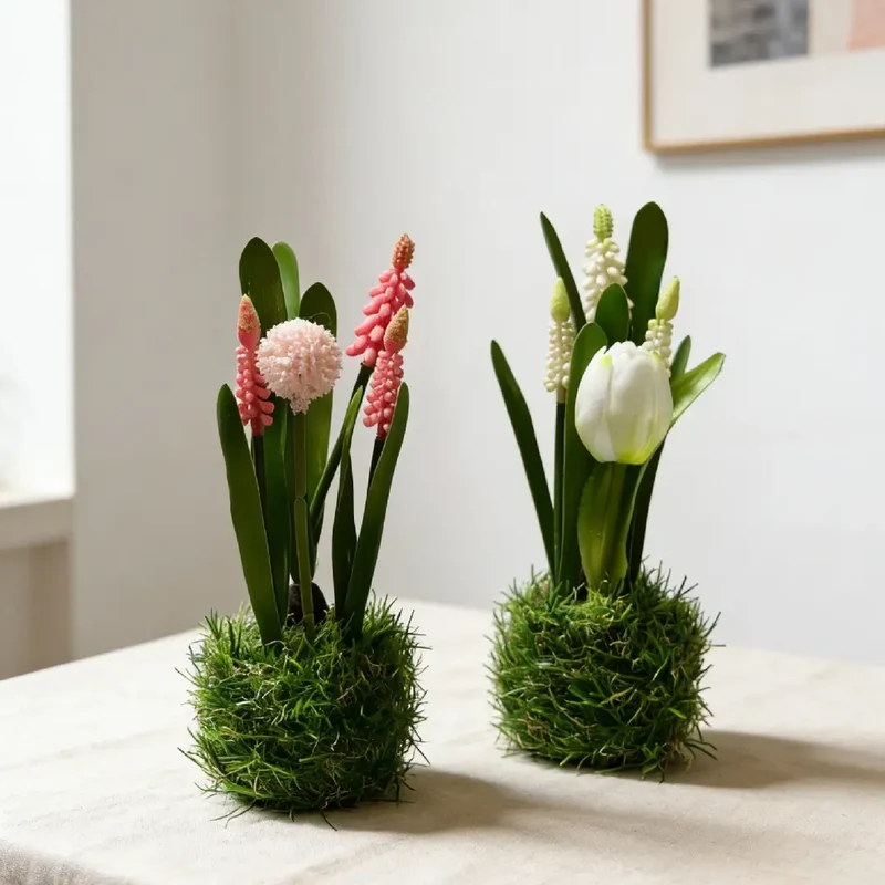 2erSet Künstliche Traubenhyazinthen Tulpen im Gras Nest 20cm Frühjahrsdeko Frühlingsdeko