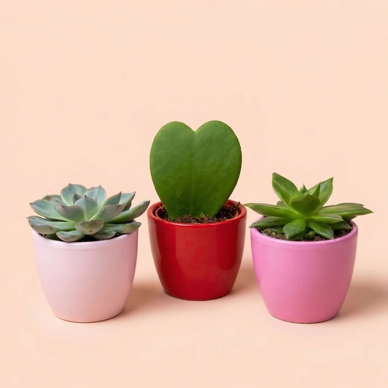 Plant set of 3 with mini pot - Love - Succulents - Pink/Red - Ø 6 cm
