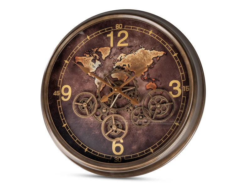Wanduhr Ø 62cm mit bweglichen Zahnräder + Weltkarte