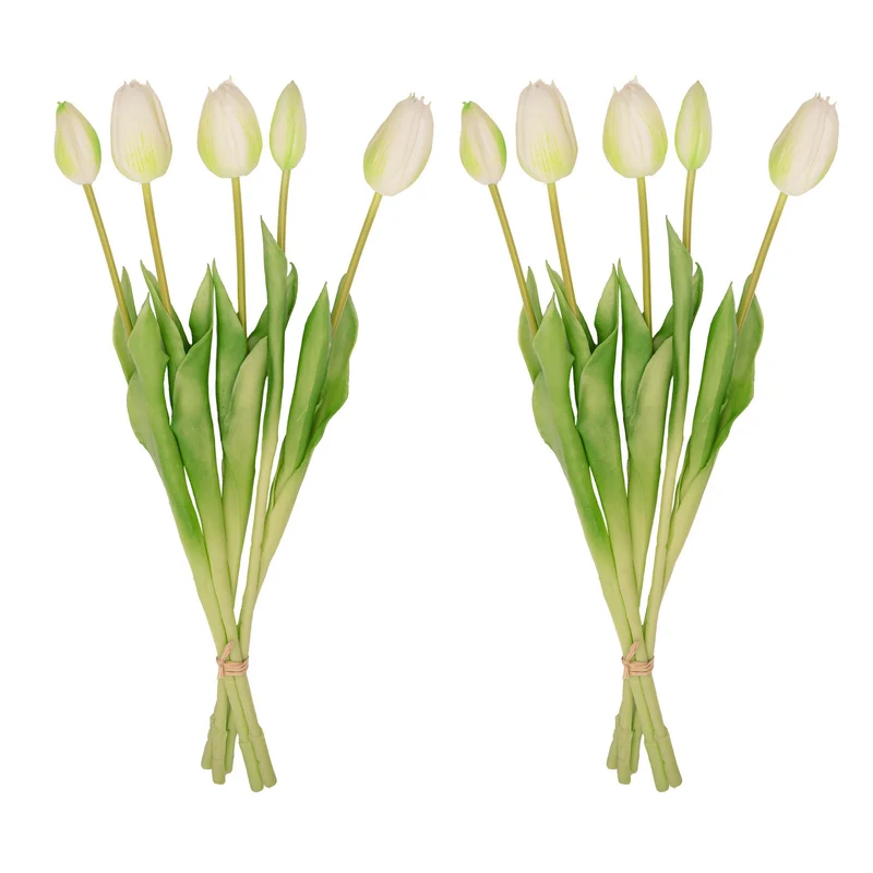 Tulip bouquet – 10 pieces – Mixed colours – ‘Real Touch’ artificial tulips – 42 cm (white/green)